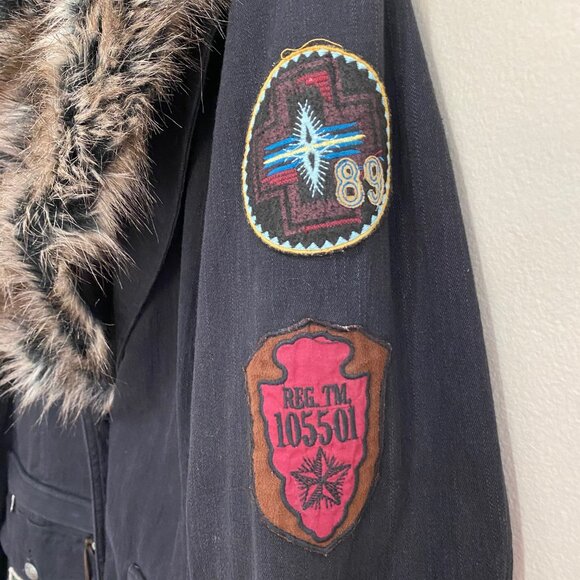 Double D Ranch Long Denim Jacket Embroidered Native American Faux Fur Trim L - Picture 9 of 12